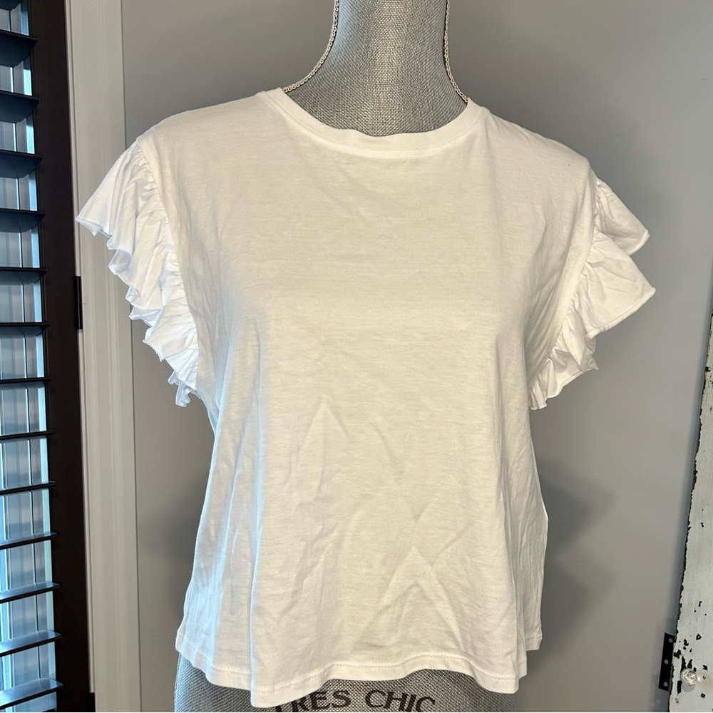 ZARA ruffle short sleeve crew neck cotton t-shirt size M | white